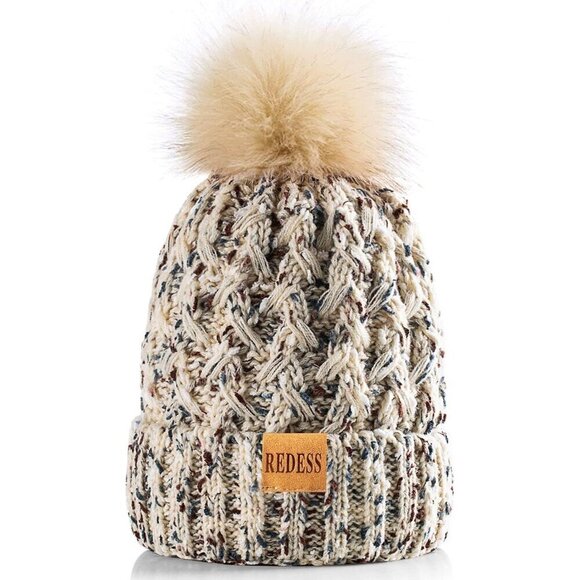 ✨ Redess Pompom Beanie Women Cream Fleece Warm Thick Slouchy Snow Ladies Hats - Picture 2 of 4